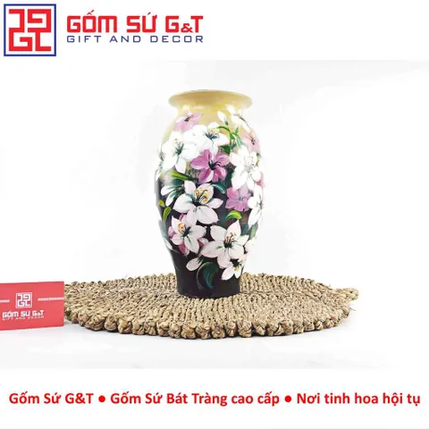 Lọ Hoa Gốm Vuốt Tay Dáng Bom Vẽ Hoa Loa Kèn – Gốm Thủ Công Bát Tràng Decor Phòng Khách - Gốm Sứ G&T