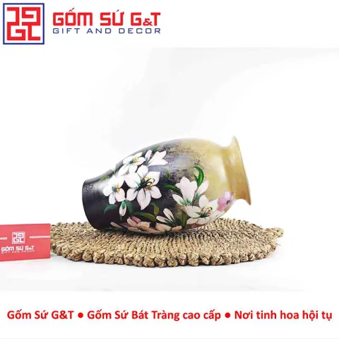 Lọ Hoa Gốm Vuốt Tay Dáng Bom Vẽ Hoa Loa Kèn – Gốm Thủ Công Bát Tràng Decor Phòng Khách - Gốm Sứ G&T