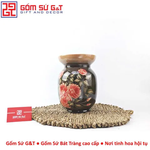 Lọ hoa vuốt tay dáng thon vẽ hoa hồng Gốm Sứ G&T