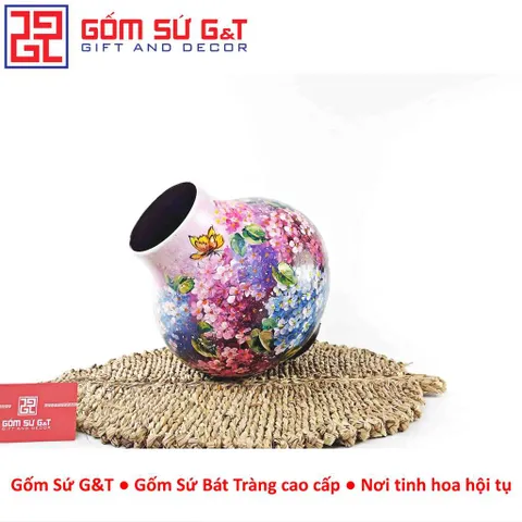 Lọ Hoa Gốm Sứ Bát Tràng Vuốt Tay Dáng Tỏi Cụt Vẽ Hoa Cẩm Tú Cầu Thủ Công Cao Cấp