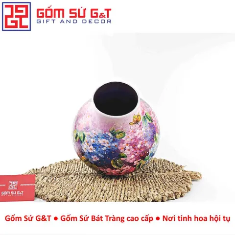 Lọ Hoa Gốm Sứ Bát Tràng Vuốt Tay Dáng Tỏi Cụt Vẽ Hoa Cẩm Tú Cầu Thủ Công Cao Cấp