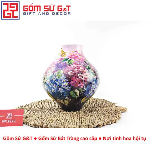 Lọ Hoa Gốm Sứ Bát Tràng Vuốt Tay Dáng Tỏi Cụt Vẽ Hoa Cẩm Tú Cầu Thủ Công Cao Cấp