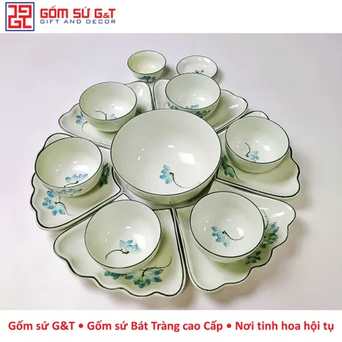 Bộ đồ ăn mặt trời men kem vẽ sen xanh Gốm Sứ G&T