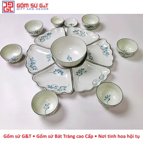 Bộ đồ ăn mặt trời men kem vẽ sen xanh Gốm Sứ G&T