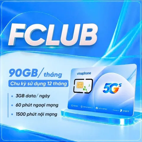 SIM VinaPhone FCLUB 3GB Ngày 90GB Tháng Trọn Gói 12 Tháng Data 4G 5G Nghe Gọi Nội Ngoại Mạng