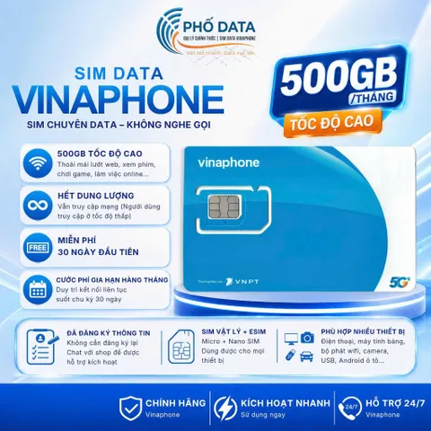 SIM VinaPhone U1500 500GB Tháng 4G 5G Data Tốc Độ Cao 12 Tháng Khoảng 17GB Ngày Hỗ Trợ eSIM
