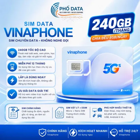 SIM Data VinaPhone 12SODA125 Tốc Độ Cao 8GB Ngày Sử Dụng 12 Tháng Miễn Phí Mạng Xã Hội 4G 5G