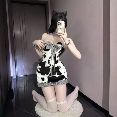 Váy Gấu Bông Thắt Nơ Ôm Body Đáng Yêu Dễ Thương Đồ Cosplay Bò Sữa Anime Cúp Ngực Gợi Cảm Dễ Thương - N895