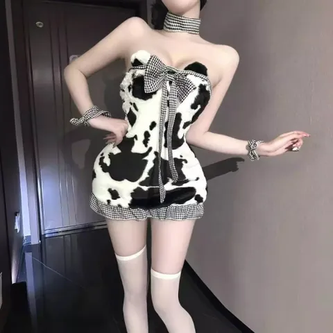 Váy Gấu Bông Thắt Nơ Ôm Body Đáng Yêu Dễ Thương Đồ Cosplay Bò Sữa Anime Cúp Ngực Gợi Cảm Dễ Thương - N895
