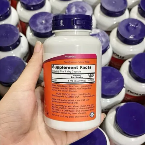 Viên uống Now Biotin 5000 mcg |120 viên| Thúc đẩy & Chuyển hóa năng lượng/Giảm rụng & Hỗ trợ mọc tóc/Cải thiện độ chắc khoẻ của móng [SP Chuẩn Mỹ không tem]