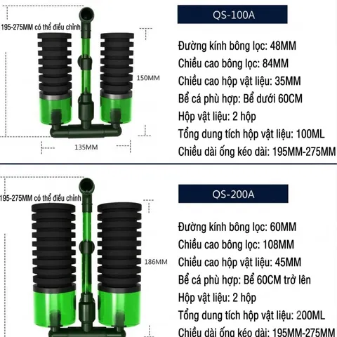 Lọc Sủi Qanvee QS-100A QS-200A Lọc Vi Sinh Bio Đôi - 2 Ngăn Vật Liệu Lọc Cho Bể Cá Tép Cá Con