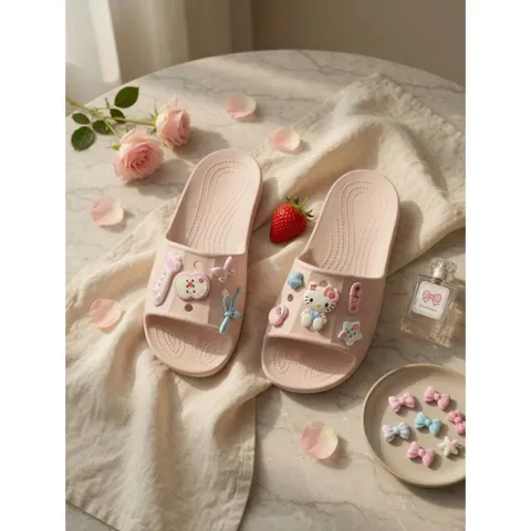Màu hồng - Dép nữ quai ngang đi nhẹ êm chống trơn trượt kèm sét charm xinh xắn