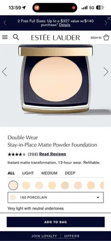 Estee Lauder Double Wear phấn phủ kiềm dầu lâu trôi #1N0 bền màu 24h ?️ Giá sốc tại đây