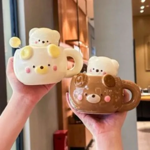 [Cốc sứ] Ly cốc sứ gấu + nắp + thìa