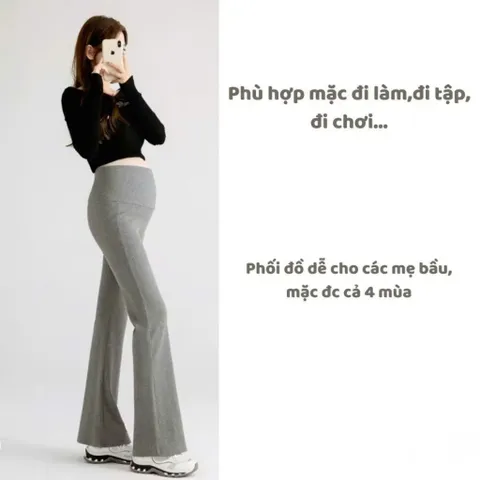 Quần Bầu Ống Loe Co Giãn 4 Chiều, Đáp Bụng Chun Chỉnh Size, Chất Zip Mềm Mướt