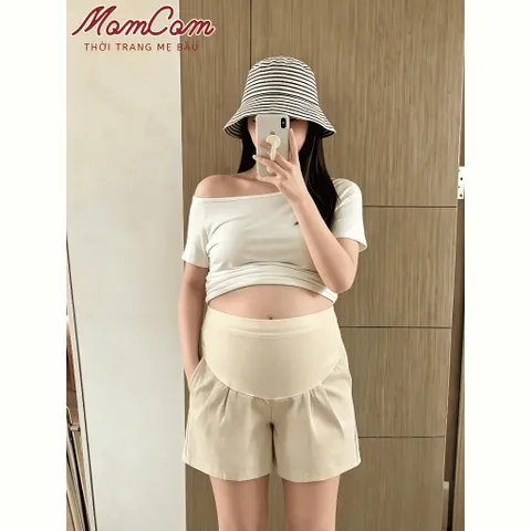 Quần Bầu Sooc Kaki Nhật Mềm Mát Dáng Chữ A Cạp Cao Xếp Ly Túi Trước Sau Freesize Thời Trang Mẹ Bầu