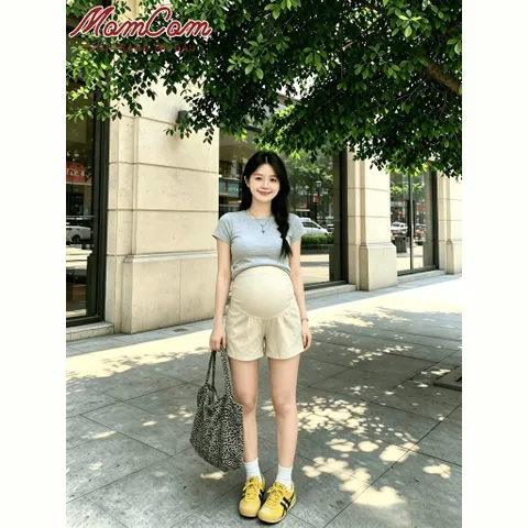 Quần Bầu Sooc Kaki Nhật Mềm Mát Dáng Chữ A Cạp Cao Xếp Ly Túi Trước Sau Freesize Thời Trang Mẹ Bầu