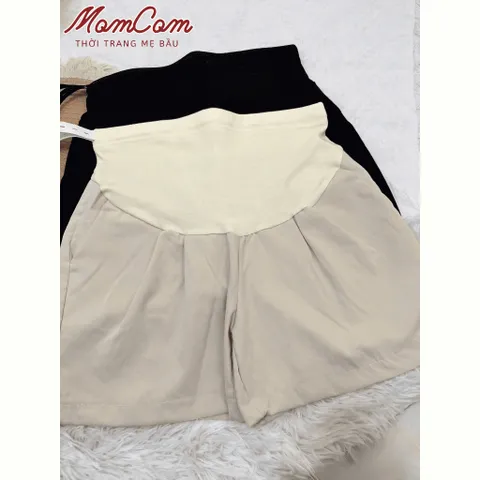 Quần Bầu Sooc Kaki Nhật Mềm Mát Dáng Chữ A Cạp Cao Xếp Ly Túi Trước Sau Freesize Thời Trang Mẹ Bầu