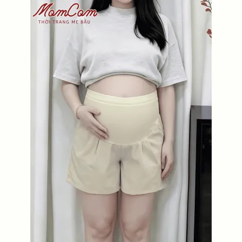 Quần Bầu Sooc Kaki Nhật Mềm Mát Dáng Chữ A Cạp Cao Xếp Ly Túi Trước Sau Freesize Thời Trang Mẹ Bầu