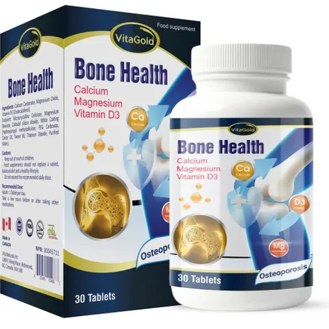 (Chính hãng Canada) Viên Uống Canxi VitaGold Bone Health Canxi Carbonate + Magie + Vitamin D3 Hỗ Trợ Xương Khớp Hộp 30 V