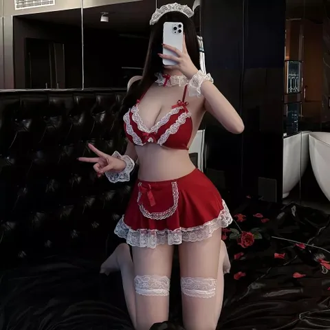 Đồ Cosplay Hầu Gái Valentine Xẻ V1 Gợi Cảm Đáng Yêu Set Ngủ Nữ Giúp Việc Đỏ Viền Ren Dễ Thương Quyến Rũ - N577