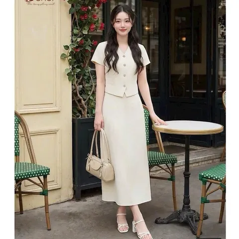 Sét váy công sở HS trẻ trung siêu sang, sét áo cổ tim kèm chân váy midi thanh lịch - May0915