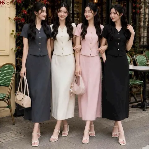 Sét váy công sở HS trẻ trung siêu sang, sét áo cổ tim kèm chân váy midi thanh lịch - May0915