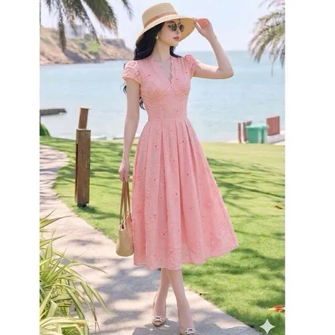 Váy thô boi cổ tim form chiết eo tôn dáng, thiết kế tinh tế phong cách thời trang - May0915