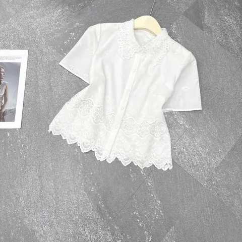 Áo sơ mi thô cổ ren dáng croptop siêu xinh, chất thô boi mềm mát siêu đẹp, áo T-Hoa - May0915