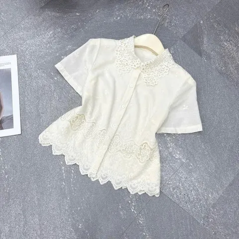 Áo sơ mi thô cổ ren dáng croptop siêu xinh, chất thô boi mềm mát siêu đẹp, áo T-Hoa - May0915