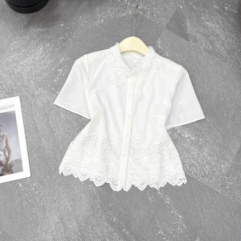 Áo sơ mi thô cổ ren dáng croptop siêu xinh, chất thô boi mềm mát siêu đẹp, áo T-Hoa - May0915
