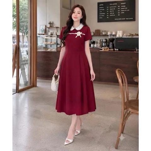 Váy công sở dáng xoè trẻ trung, váy phối cổ sen kèm hoa xinh xắn mặc đi làm đi chơi đều đẹp - May0915