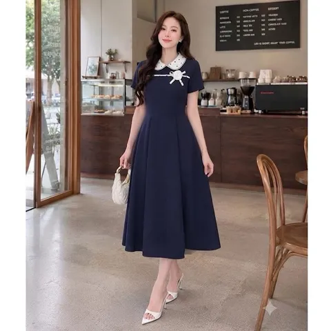 Váy công sở dáng xoè trẻ trung, váy phối cổ sen kèm hoa xinh xắn mặc đi làm đi chơi đều đẹp - May0915