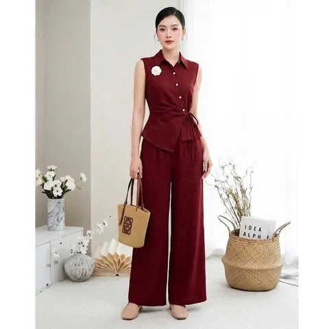 Sét bộ linen áo lệch vạt xinh xắn kèm quần ống rộng trẻ trung - May0915