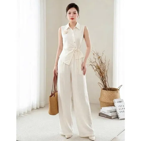 Sét bộ linen áo lệch vạt xinh xắn kèm quần ống rộng trẻ trung - May0915