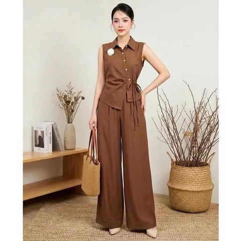 Sét bộ linen áo lệch vạt xinh xắn kèm quần ống rộng trẻ trung - May0915
