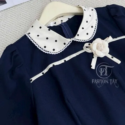 Váy công sở dáng xoè trẻ trung, váy phối cổ sen kèm hoa xinh xắn mặc đi làm đi chơi đều đẹp - May0915