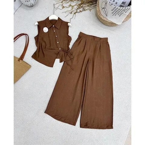 Sét bộ linen áo lệch vạt xinh xắn kèm quần ống rộng trẻ trung - May0915