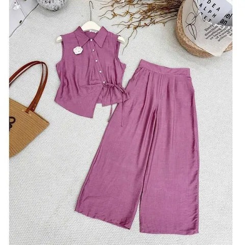 Sét bộ linen áo lệch vạt xinh xắn kèm quần ống rộng trẻ trung - May0915