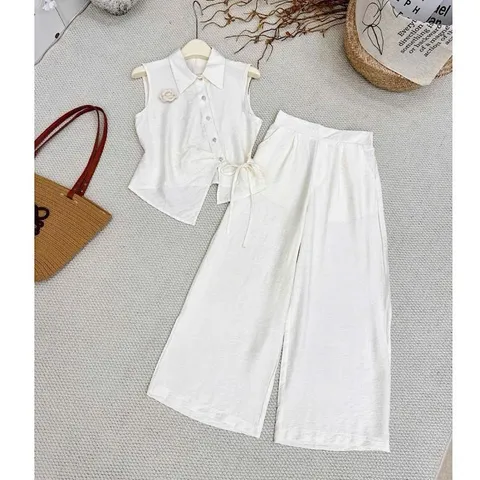 Sét bộ linen áo lệch vạt xinh xắn kèm quần ống rộng trẻ trung - May0915