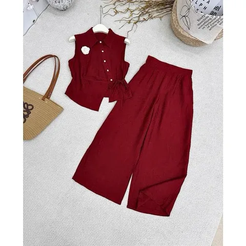 Sét bộ linen áo lệch vạt xinh xắn kèm quần ống rộng trẻ trung - May0915