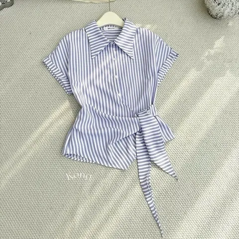 Áo sơ mi vạt lệch buộc eo siêu xinh, áo sơ mi kiểu trẻ trung - May0915