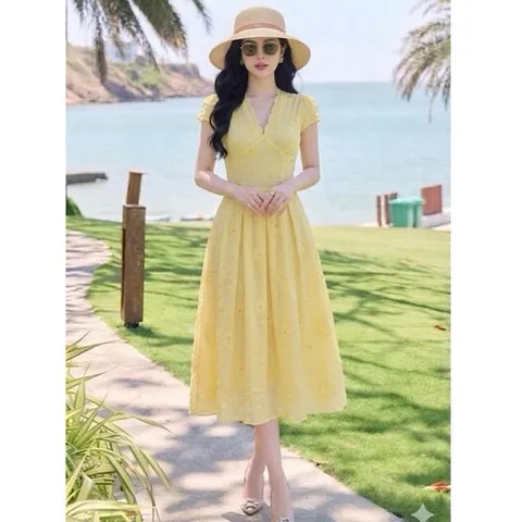 Váy thô boi cổ tim form chiết eo tôn dáng, thiết kế tinh tế phong cách thời trang - May0915