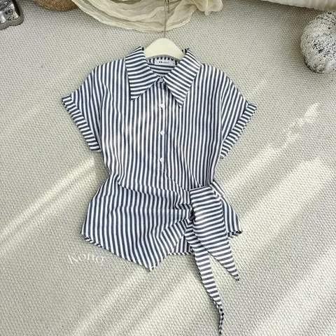 Áo sơ mi vạt lệch buộc eo siêu xinh, áo sơ mi kiểu trẻ trung - May0915