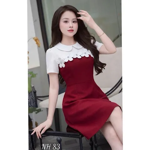 Váy công sở dáng A trẻ trung, váy cổ sen đính hoa xinh xắn - May0915