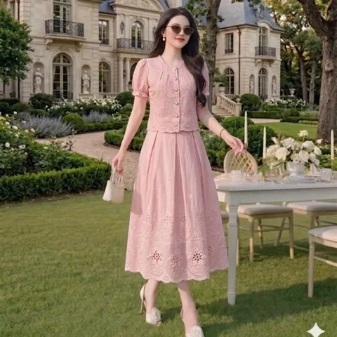 Sét váy thô boi HS áo cổ tròn tay bo chun xinh xắn - May0915