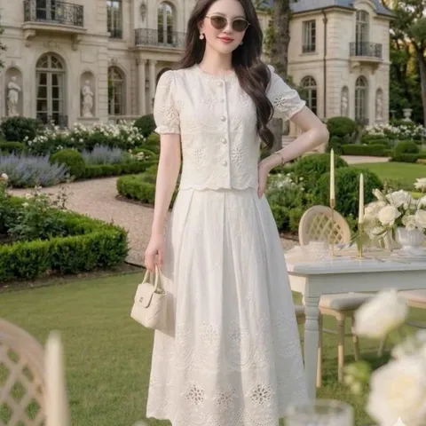 Sét váy thô boi HS áo cổ tròn tay bo chun xinh xắn - May0915