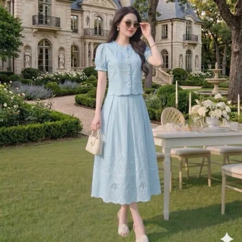 Sét váy thô boi HS áo cổ tròn tay bo chun xinh xắn - May0915