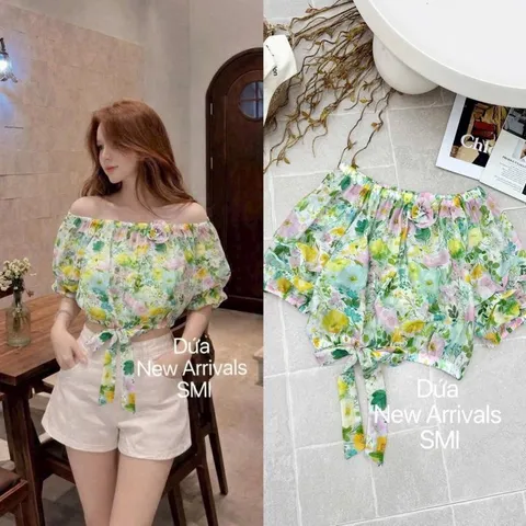 Áo sơ mi hoa bẹt vai bo gấu thắt nơ siêu xinh, áo chất tơ mềm mát - May0915