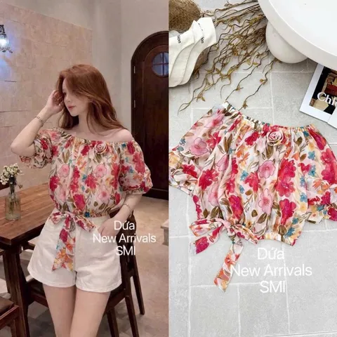 Áo sơ mi hoa bẹt vai bo gấu thắt nơ siêu xinh, áo chất tơ mềm mát - May0915